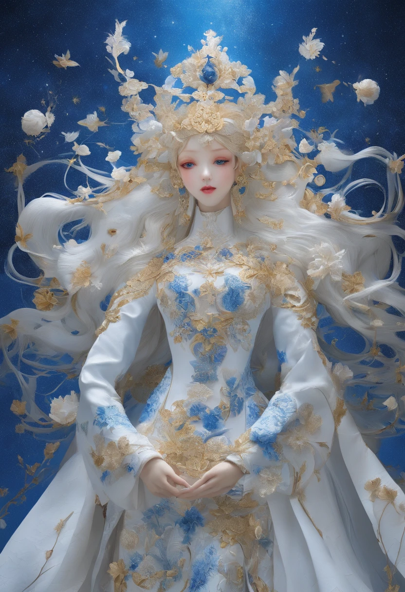 blue tone、masterpiece、perfect-composition、low angles、top-quality、Official art、Extreme details、Stellar lumen、cosmic space、Milky way、Mysteries of the universe、Silence、Cosmic Light、Well-groomed beauty、Goddess of Wisdom、Inherited Intents、Memory of antiquity、sapphire eyes、Long Blonde Hair、Tall and lean、resolute、dignity、age 30s、noble、wear a blue space suit、True、good、pleasing、Intricate details、Oil Painting、Best Quality、the golden ratio