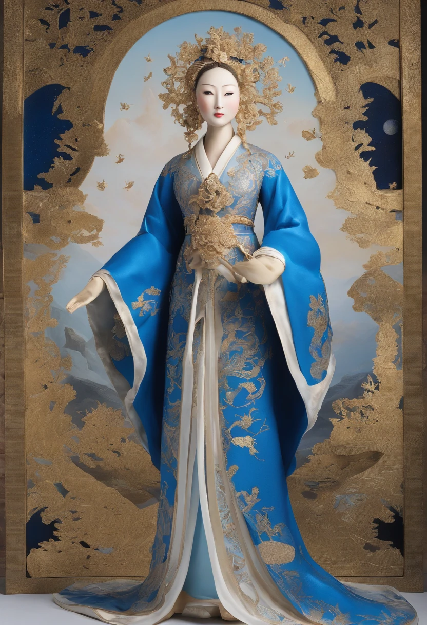 blue tone、masterpiece、perfect-composition、low angles、top-quality、Official art、Extreme details、Stellar lumen、cosmic space、Milky way、Mysteries of the universe、Silence、Cosmic Light、Well-groomed beauty、Goddess of Wisdom、Inherited Intents、Memory of antiquity、sapphire eyes、Long Blonde Hair、Tall and lean、resolute、dignity、age 30s、noble、wear a blue space suit、True、good、pleasing、Intricate details、Oil Painting、Best Quality、the golden ratio
