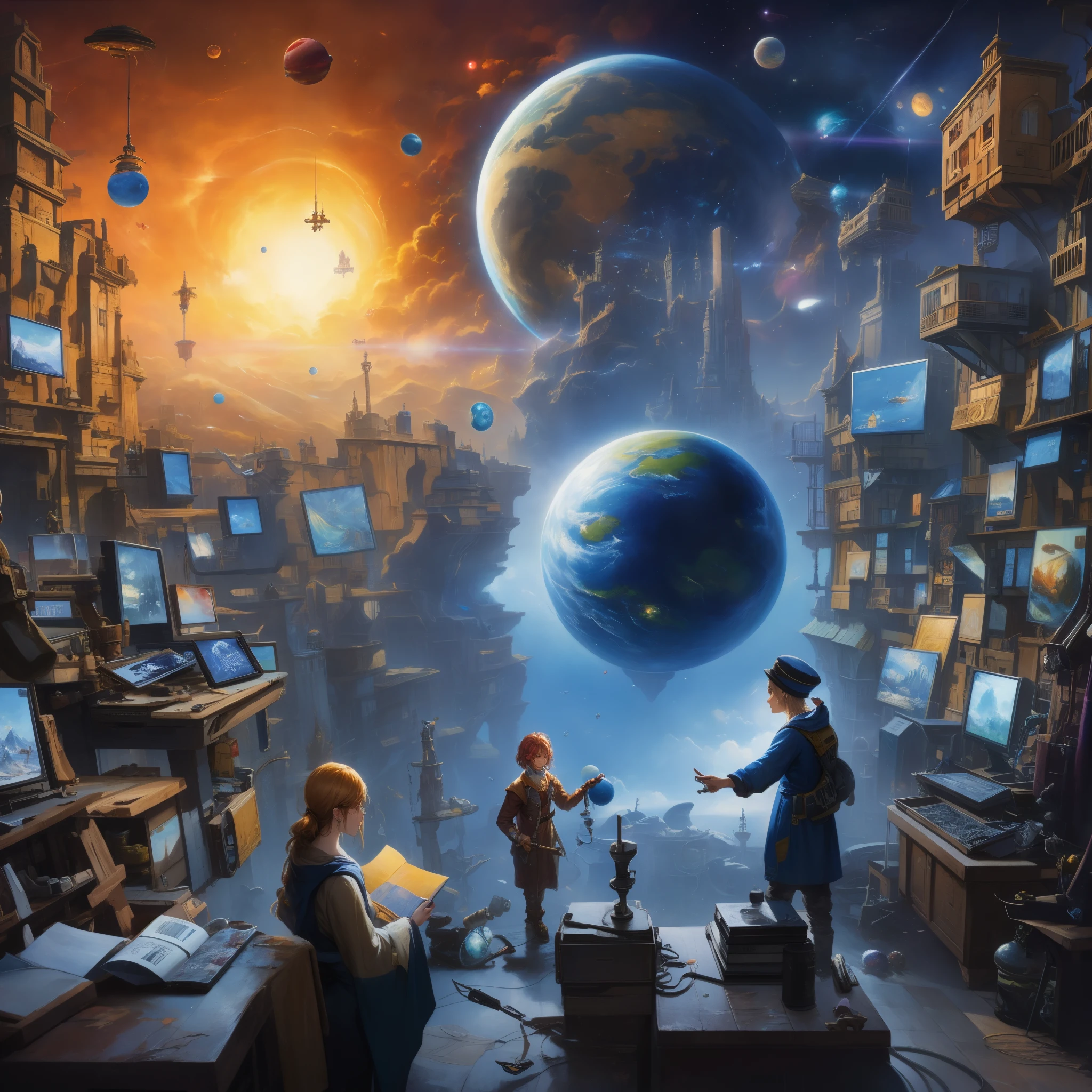 People in a factory with a planet in the background々Group paintings of, Science Fantasy Painting, magical realism painting, Rob McNaughton, Bone Space Library Artwork, by Johrah Boschart, wide angle fantasy art, cyril rolando and m.w kaluta, cyril rolando and m. w kaluta, epic surrealism 8k oil painting, fantasy alchemist laboratory