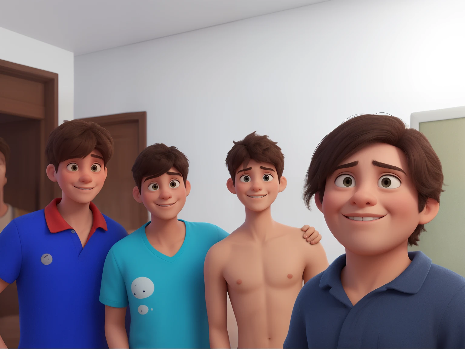 The boy on the left is wearing a dark blue t-shirt and is wearing a cap. The boy on his right is wearing light blue t-shirt and he has his right hand on the shoulder of the other boy on his right. The boy third from the left is shirtless. The boy on his right is wearing a black t-shirt. Behind them is a white wall and they are all full of smiling faces. All four boys were handsome