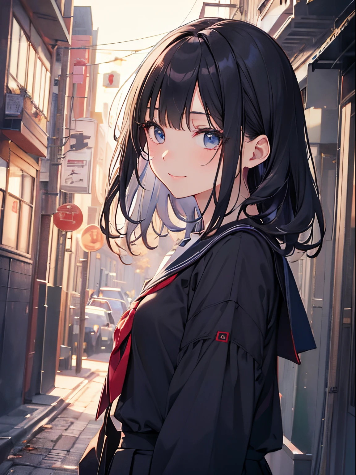 masutepiece, Best Quality, hight resolution, masterpiece、cowboy shot、(1girl in),(beautiful eyes finely detailed、Face to detail、masterpiece sidelighting、masterpiece、top-quality、detaileds、High resolution illustration),Woman facing the front with her whole body,Delicate Makeup,POV、A smile,Black eyes,Half-up hair with short bangs,A dark-haired、Hair color is a blue-gray gradient,School uniform、Black sailor suit、Red ribbons、a black pleated skirt、twilight townscape、starrysky、Magnificent、taken from the under:1.2