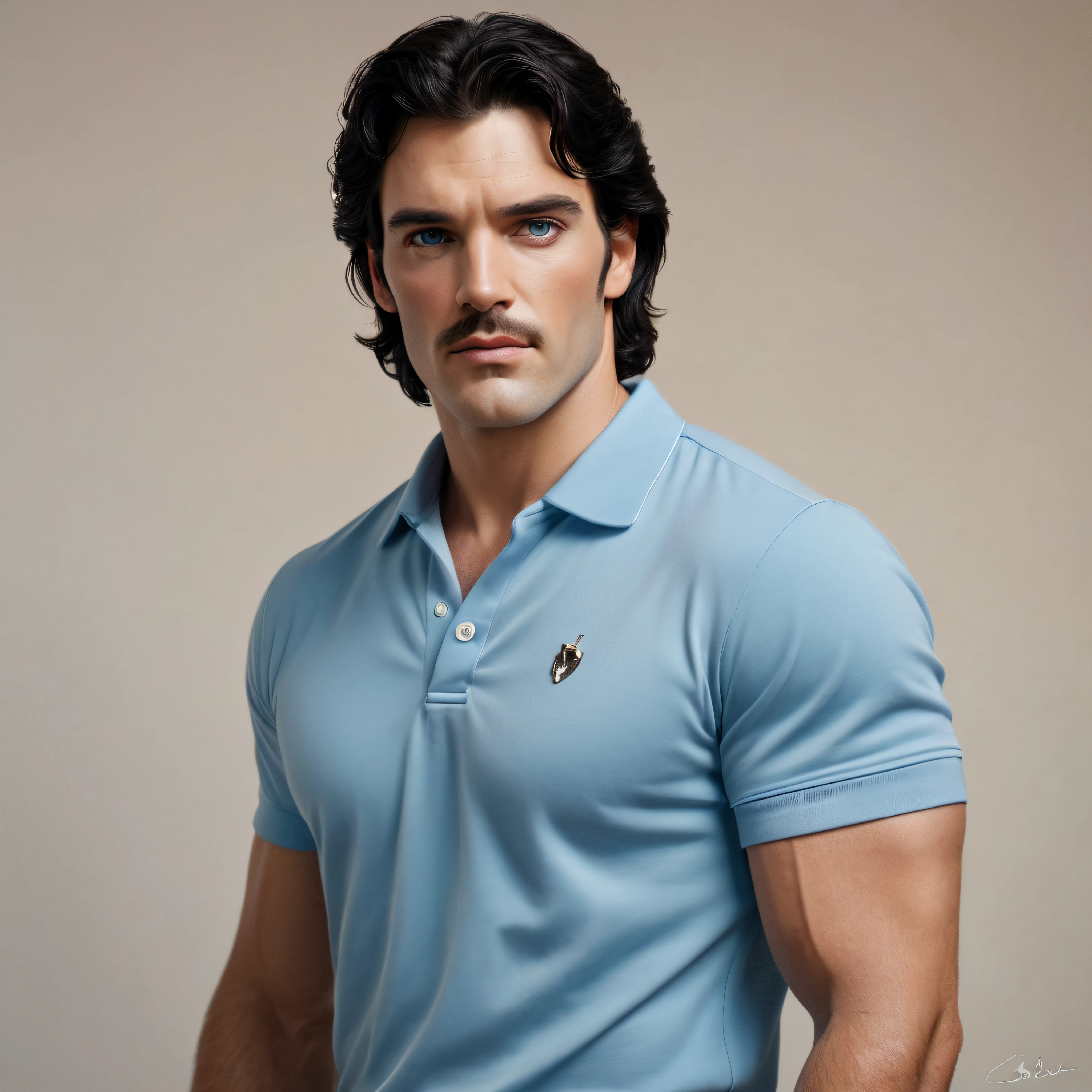 quarter body portrait, head to waist, 18-year-old Paul Stanley/Elvis Presley/Tom Selleck/Sam Elliot/Henry Cavill/Keanu Reeves/Dolph Lundgren/Tyler Hoechlin/Jon Bernthal hybrid man with black hair and bright blue eyes, wearing a blue polo shirt, tan khaki pants, oil painting in the art style of Gilbert Stuart, 32k, UHD, hyper realistic, Photorealistic, sharp, vibrant, extremely colorful, highly detailed, professional quality, beautiful, awesome, majestic, superb, trending on artstation