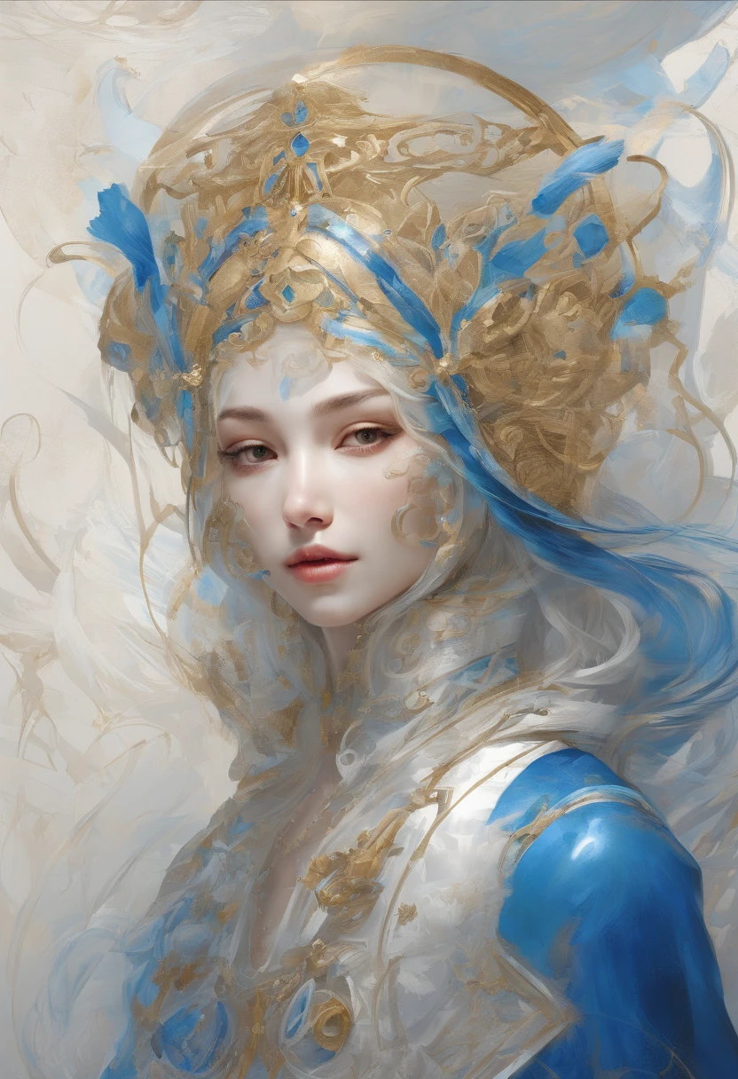 blue tone、​masterpiece、perfect-composition、low angles、top-quality、Official art、Extreme details、Stellar lumen、cosmic space、Milky way、Mysteries of the universe、Silence、Cosmic Light、Well-groomed beauty、Goddess of Wisdom、Inherited Intents、Memory of antiquity、sapphire eyes、Long Blonde Hair、Tall and lean、resolute、dignity、age 30s、noble、wear a blue space suit、True、good、pleasing、Intricate details、Oil Painting、Best Quality、the golden ratio
