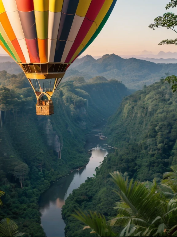 ((top-quality、in 8K、masterpiece:1.3、Raw photo))、Super high quality photos, Hot air balloon flying high above the vast jungle, Under the balloon is a vast tropical jungle, (Photorealistic: 1.4), (hyper realisitic: 1.4), (Realistic: 1.3), (Smooth lighting: 1.05), (Improved film illumination quality: 0. 9), 32K, (Quality Improvement: 1.4), Cinematic lighting、((Hot air balloon flying high above the vast jungle)), ((Japanese female idol looking down inside one of the hot air balloon cages)), ((Perfect beauty)), ((Slim and beautiful proportions)), ((evening)),