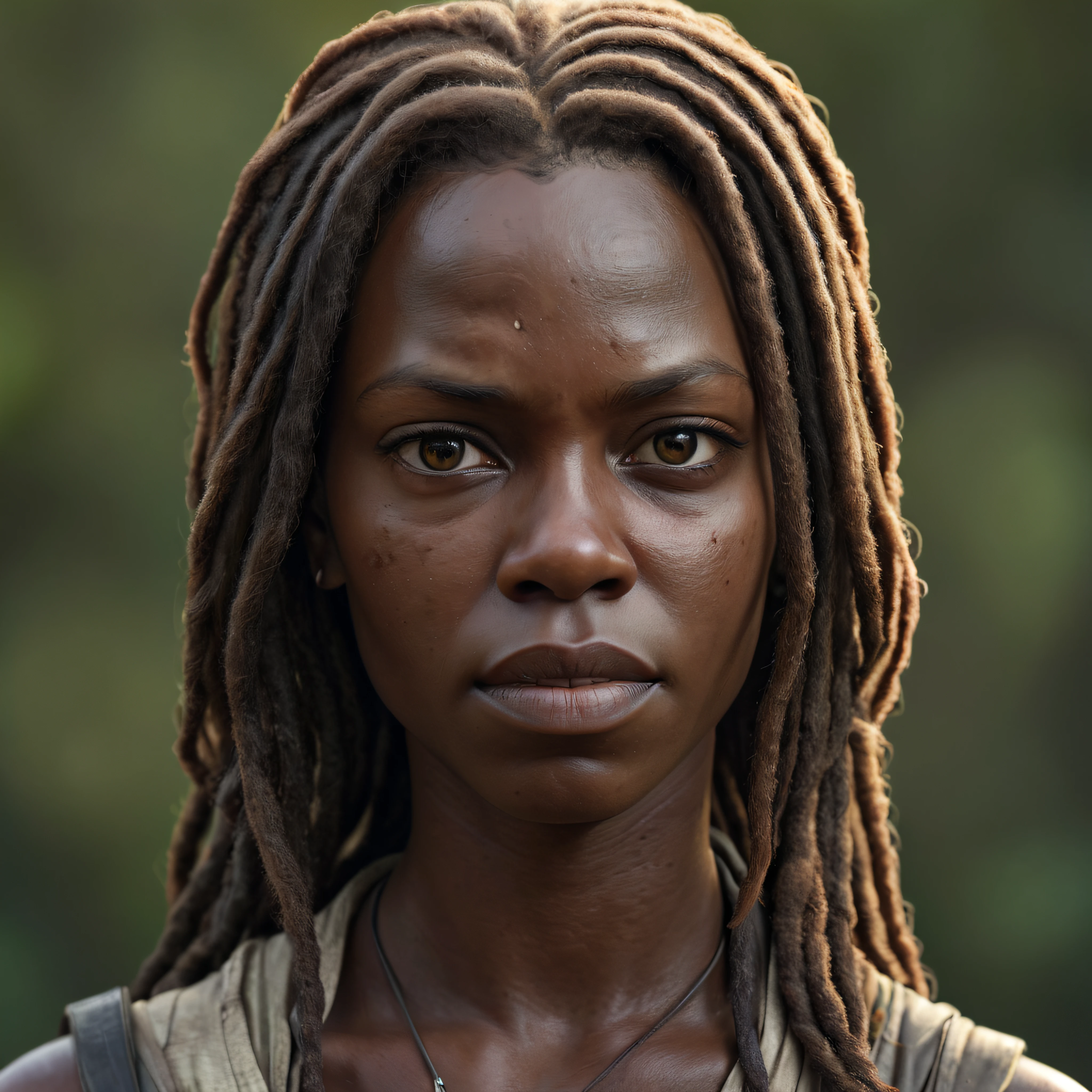 (masterpiece, best quality:1.2), ((RAW photo, Best quality)), (Realistic, photo-realistic:1.2), (((Michonne a black woman, a corpse hotting zombie))), (((blood, hottinig))) , hole on face, long dreadlocks hair, ((horror, creepy)) , night, (((White eyes))) . , angry. ((( Exposed brain))), ((gray or greenish skin)), wounds, empty eyes, torn clothes, slow movements, guttural noises, aggressive and cannibalistic behavior. Cinematic lighting.