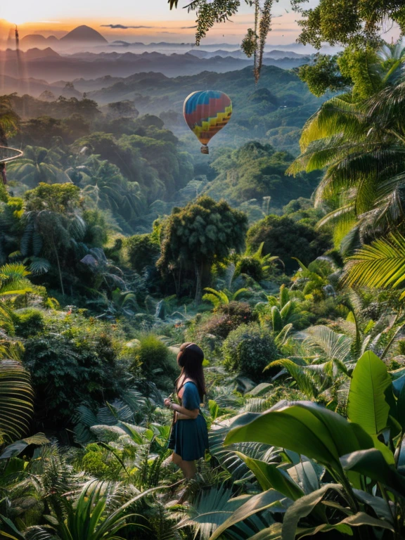 ((top-quality、in 8K、​masterpiece:1.3、Raw photo))、Super high quality photos, Hot air balloon flying high above the vast jungle, Under the balloon is a vast tropical jungle, (Photorealistic: 1.4), (hyper realisitic: 1.4), (Realistic: 1.3), (Smooth lighting: 1.05), (Improved film illumination quality: 0. 9), 32K, (Quality Improvement: 1.4), Cinematic lighting、((Hot air balloon flying high above the vast jungle)), ((A Japanese female idol looks down on the jungle below from one of the hot air balloons.)), ((Perfect beauty)), ((Slim and beautiful proportions)), ((evening)),