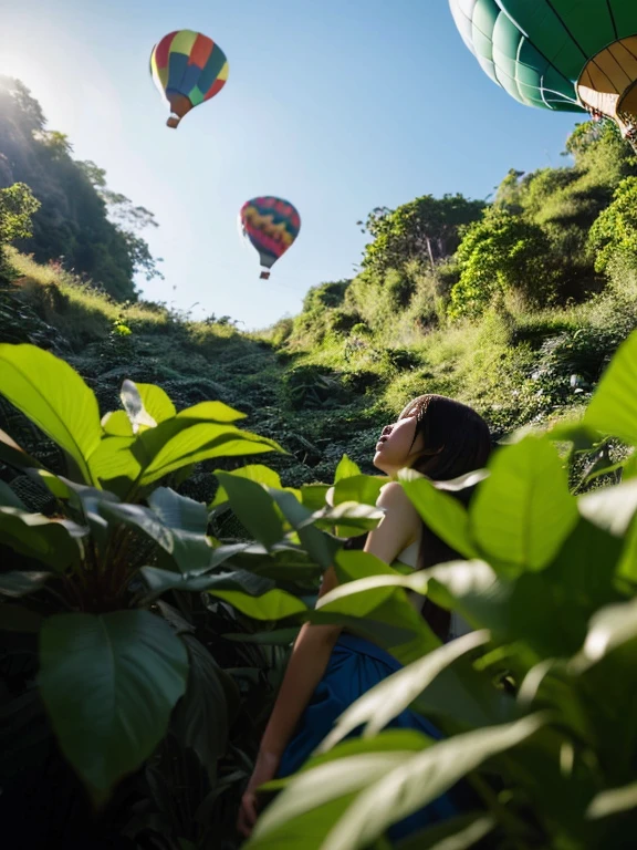 ((top-quality、in 8K、masterpiece:1.3、Raw photo))、Super high quality photos, Hot air balloon flying high above the vast jungle, Under the balloon is a vast tropical jungle, (Photorealistic: 1.4), (hyper realisitic: 1.4), (Realistic: 1.3), (Smooth lighting: 1.05), (Improved film illumination quality: 0. 9), 32K, (Quality Improvement: 1.4), Cinematic lighting、((Hot air balloon flying high above the vast jungle)), ((A Japanese female idol looks down on the jungle below from one of the hot air balloons.)), ((Perfect beauty)), ((Slim and beautiful proportions)), ((evening)),