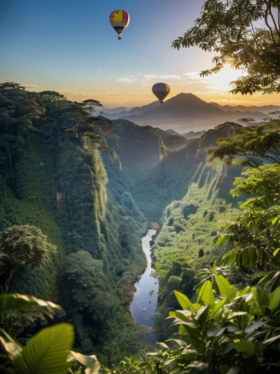 ((top-quality、in 8K、masterpiece:1.3、Raw photo))、Super high quality photos, Hot air balloon flying high above the vast jungle, Under the balloon is a vast tropical jungle, (Photorealistic: 1.4), (hyper realisitic: 1.4), (Realistic: 1.3), (Smooth lighting: 1.05), (Improved film illumination quality: 0. 9), 32K, (Quality Improvement: 1.4), Cinematic lighting、((Hot air balloon flying high above the vast jungle)), ((A Japanese female idol looks down on the jungle below from one of the hot air balloons.)), ((Perfect beauty)), ((Slim and beautiful proportions)), ((evening)),