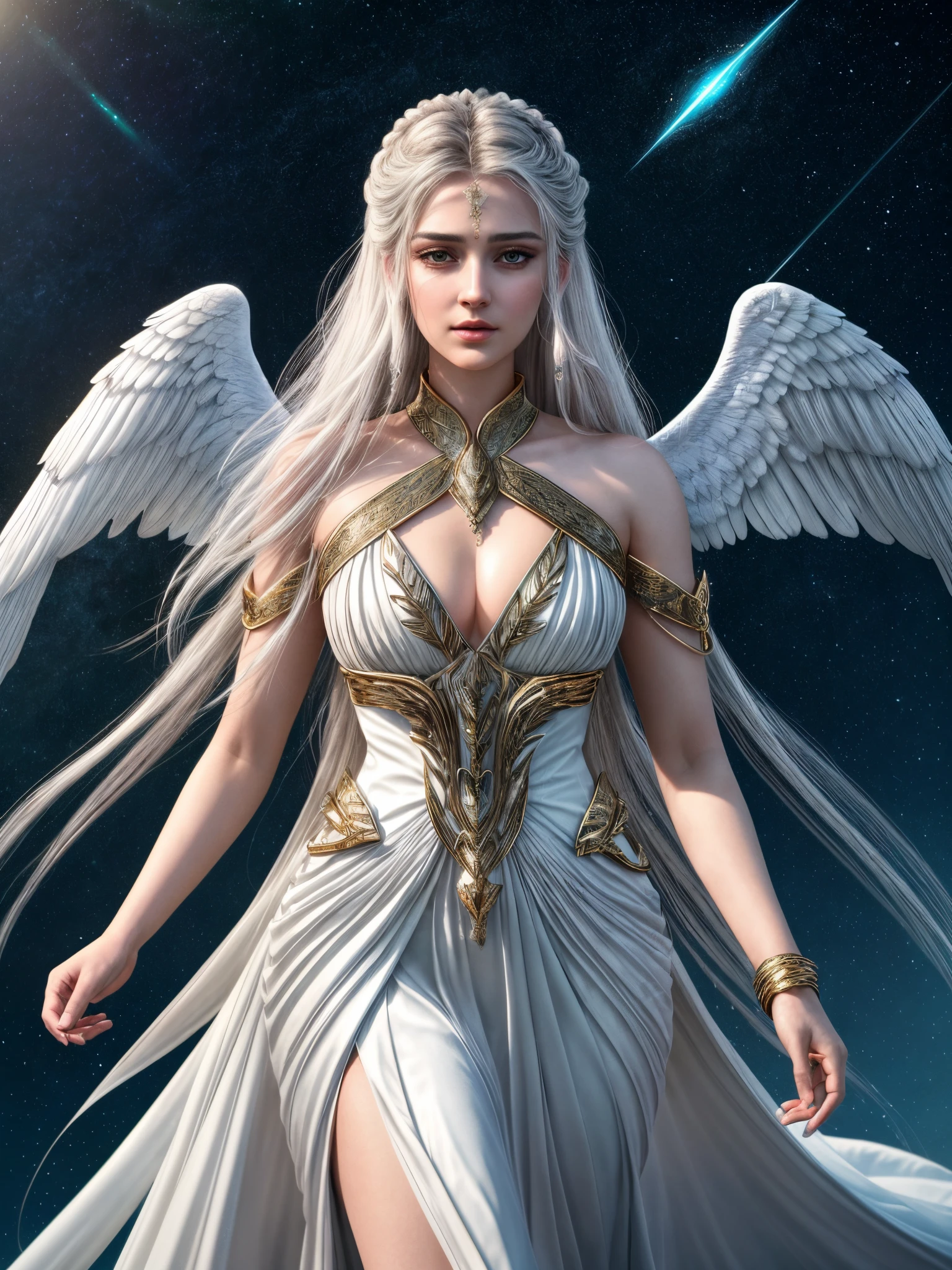 Looks like Anushka Shetty, (masterpiece, best quality, photorealistic, highly detailed, octane render, unreal engine, 8k HD, hyper-detailed, realistic skin texture, best quality, ultra high res, raw photo, dramatic lighting, unreal engine, diffuse glow, dynamic pose), A female archangel with beautiful features would likely have striking, ethereal looks that would inspire awe and wonder in anyone who beheld her. She might have piercing blue or green eyes that seemed to glow with an inner light, framed by long lashes that brushed against her delicate cheekbones. Her skin might be porcelain pale, with a soft, rosy blush that highlighted her high cheekbones.
Her hair might be long and flowing, with strands of gold or silver that shimmered like starlight in the sun. It might be styled in intricate braids or loose waves that cascaded down her back, or perhaps pulled back into an elegant updo that showcased her graceful neck.
Her wings would be magnificent, with feathers as white as snow and shimmering with an otherworldly light. They might be large and imposing, giving her an aura of power and majesty, or perhaps delicate and intricate, reflecting her refined and elegant nature.
In short, a female archangel with beautiful features would be a vision of divine beauty, radiating grace, power, and wonder in all who beheld her