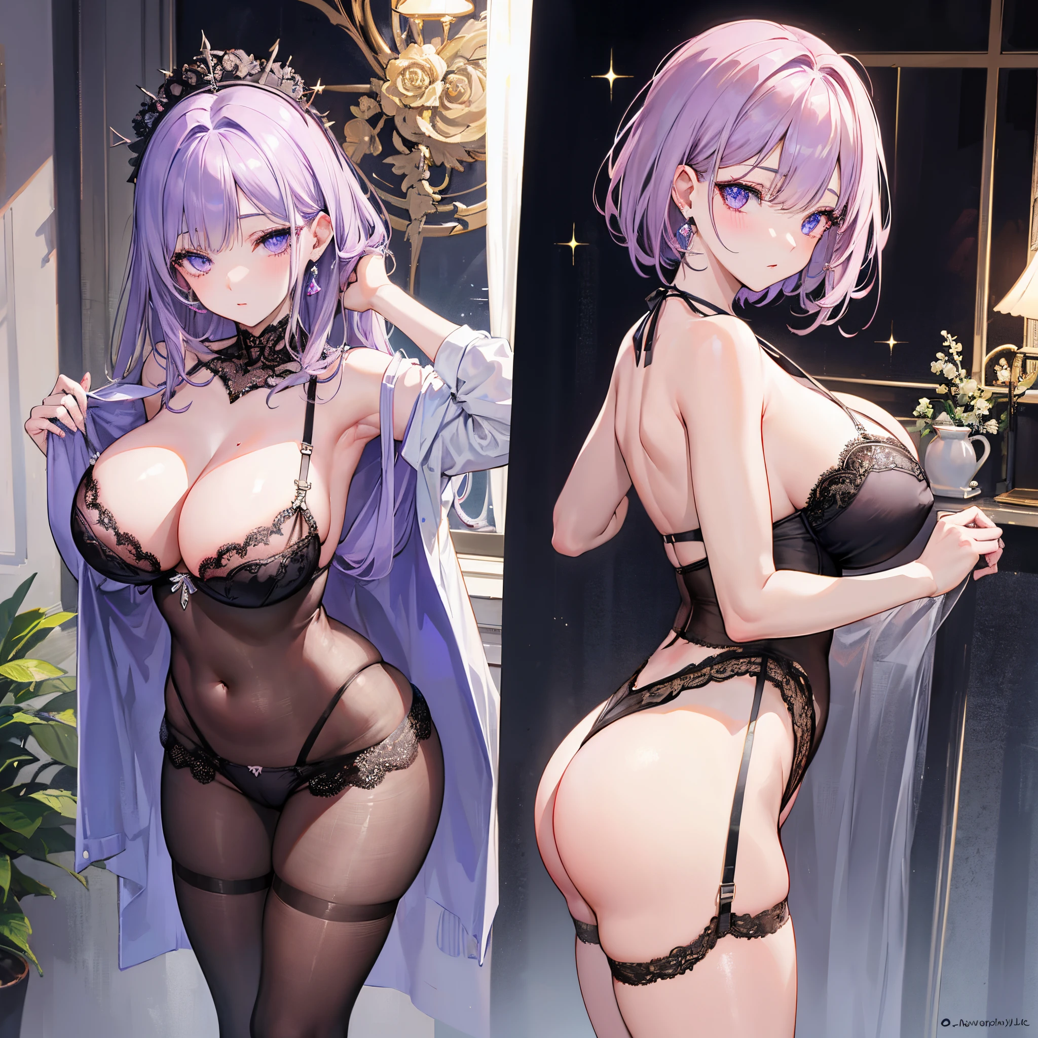 Realistic, Hyper Detail, Girls Only, Dynamic Lighting, (Glossy skin: 1.5), Masterpiece, Top Quality, Absurdity, ((limited palette)), one side short layered bob,((Blonde:0.7) and (light purple inner color:0.3) Hair), ((deep lilac Clear Eyes)),((Beautiful, detailed eyes, jewel-like eyes, sparkling eyes:1.3)) , a woman in a lingerie standing on a beach, seductive girl, beautiful alluring woman, beautiful alluring , attractive girl, beautiful girl, beautiful sexy woman, sexy girl, see-through lingerie, beautiful artwork, fine detail, best girl, detailed digital art,earrings, jewelry, lace, lace-trimmed bra, lace trim, lingerie, lace-trimmed legwear, black lace, looking_at_viewer, navel, pantyhose, bikini aside, pussy, after sex,