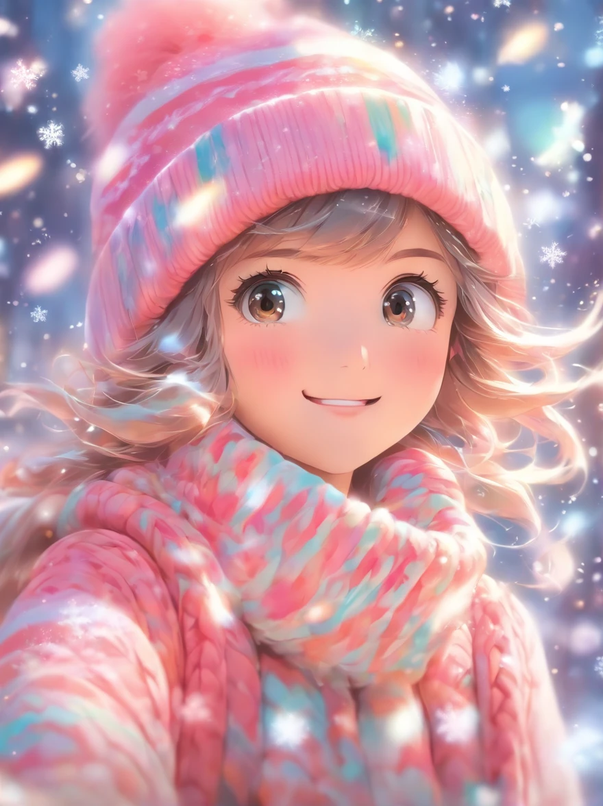 wearing a pink knitted hat,Snowflakes and stars on pink and blue background, Ayako Rokkaku no Pastel, Tumbler, holography, light snowing, pastel faded effect, snowy background, light snowing, background is heavenly, Dancing snowflakes, Snowflower, Gentle background, Background pastels, Shining snow, Snowflower, bokeh rainbow accent, snowflakes falling, magical background