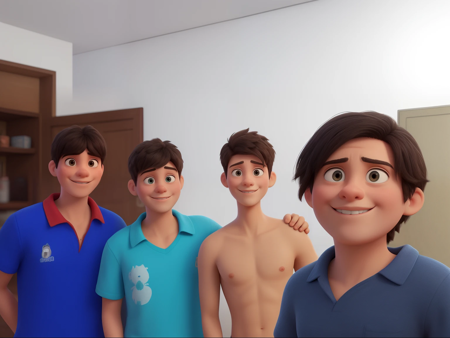 Three men , naked, laying on bed, selfie, random hair styles, beautiful, perfect skin, 8k resolution, perfect lighting, perfect face, perfect shading, extreme detail, shining, from above, group hug, taking selfie with smartphone:1.5, tanned skin, bright lighting, kissing each other