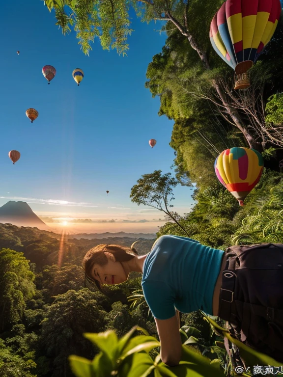 ((top-quality、in 8K、masterpiece:1.3、Raw photo))、Super high quality photos, Hot air balloon flying high above the vast jungle, Under the balloon is a vast tropical jungle, (Photorealistic: 1.4), (hyper realisitic: 1.4), (Realistic: 1.3), (Smooth lighting: 1.05), (Improved film illumination quality: 0. 9), 32K, (Quality Improvement: 1.4), Cinematic lighting、((Hot air balloon flying high above the vast jungle)), ((A Japanese female idol looks down on the jungle below from one of the hot air balloons.)), ((Perfect beauty)), ((Slim and beautiful proportions)), ((evening)),