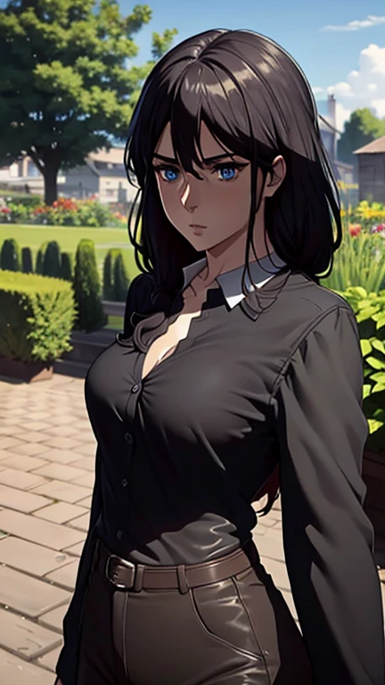 Long black hair,black colour suit and black shirt, perfect sized boobs, standing,blue colour eyes,ultra realistic detailed blue eyes, beautiful and perfect face, sunlight and garden background,