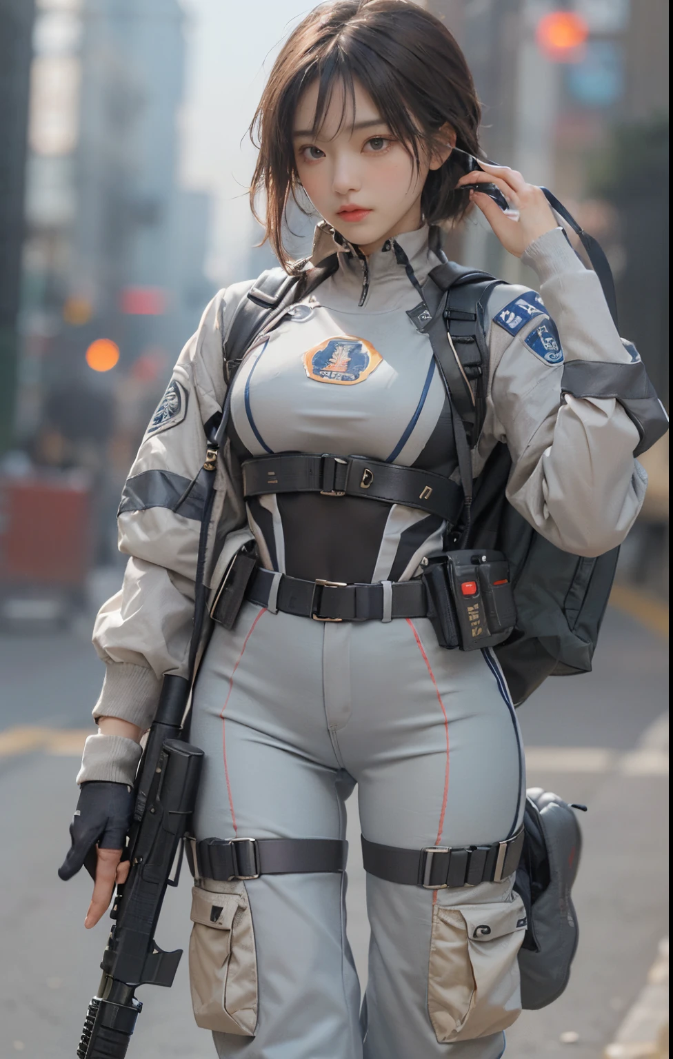 Photorealsitic、Highest image quality、Ultra high-definition images、excellent details、natural soft light、​masterpiece : 1.4), Best Beautiful Girl、Neat face、Big eyes and high nose、Soft cheeks、thick lip、Light brown shorthair、（perfectly proportions,slender and supple body、long legged）、(blue gray racing suit、ＰＯＬＩＣＥappearing、Emblem、Police Special Forces,lots of equipment, High-tech headset, military harness, a belt、Holding an automatic rifle), commander、((Preparing for deployment at the military base、training、Rin々Shishi))