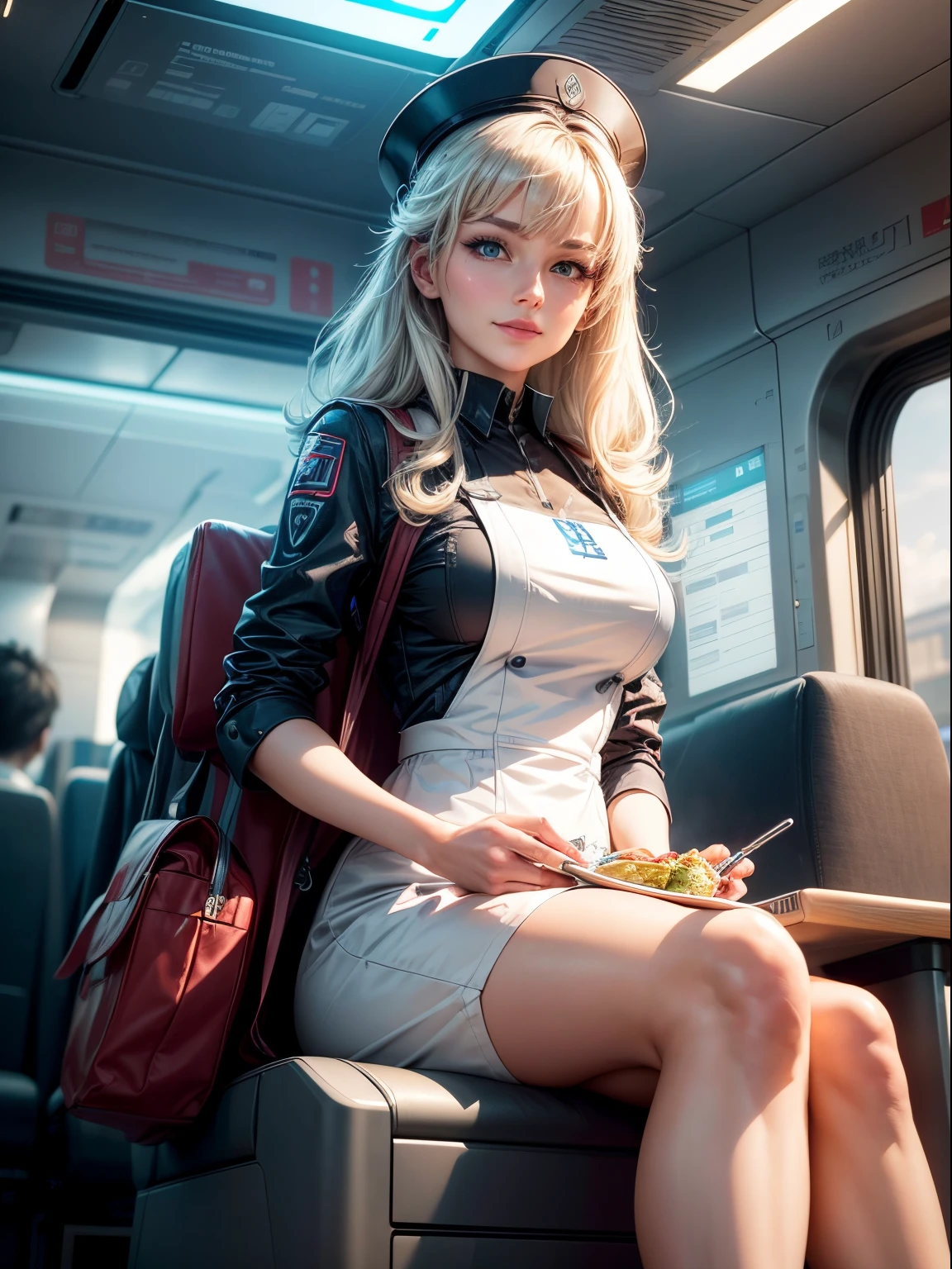 tmasterpiece, Best quality at best，In a future train with machine service staff, the scene might look like this:
As the train glides through the countryside, the passengers relax in their seats, enjoying the scenery and the comfort of the train's luxurious amenities. Suddenly, a robotic server approaches, its sleek metal body gleaming in the light.
"Good afternoon, passengers," the robot says in a cheerful voice. "Is there anything I can get for you?"
One passenger replies, "I'll have a cup of tea, please."
The robot nods and disappears, returning a few moments later with a steaming cup of tea. "Here you go," it says, handing the cup to the passenger.
Another passenger asks for a blanket, and the robot quickly retrieves one from a nearby storage compartment. "Here you go," it says, handing the blanket to the passenger.
As the train continues on its journey, the robotic servers continue to provide excellent service, attending to the passengers' every need with efficiency and friendliness. The passengers are grateful for the convenience and comfort of the train's advanced technology and personalized service.