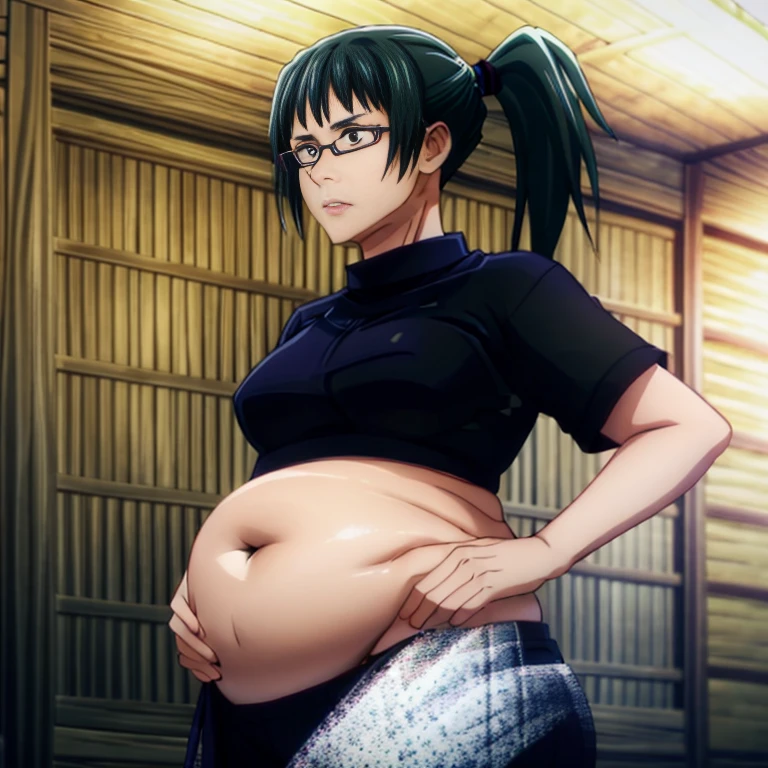 art by kipteitei, 1girl, dark green hair , hair in pony tail, maki zenin from the anime jujutsu kaisen, big jiggly belly, pretty face, nose, lips, beautiful eyes, circle glasses, (best quality, masterpiece, 4k, sharp focus), professional photograph, sharp focus, dramatic, award winning, cinematic lighting, octane render, unreal engine, volumetrics dtx, anime style,