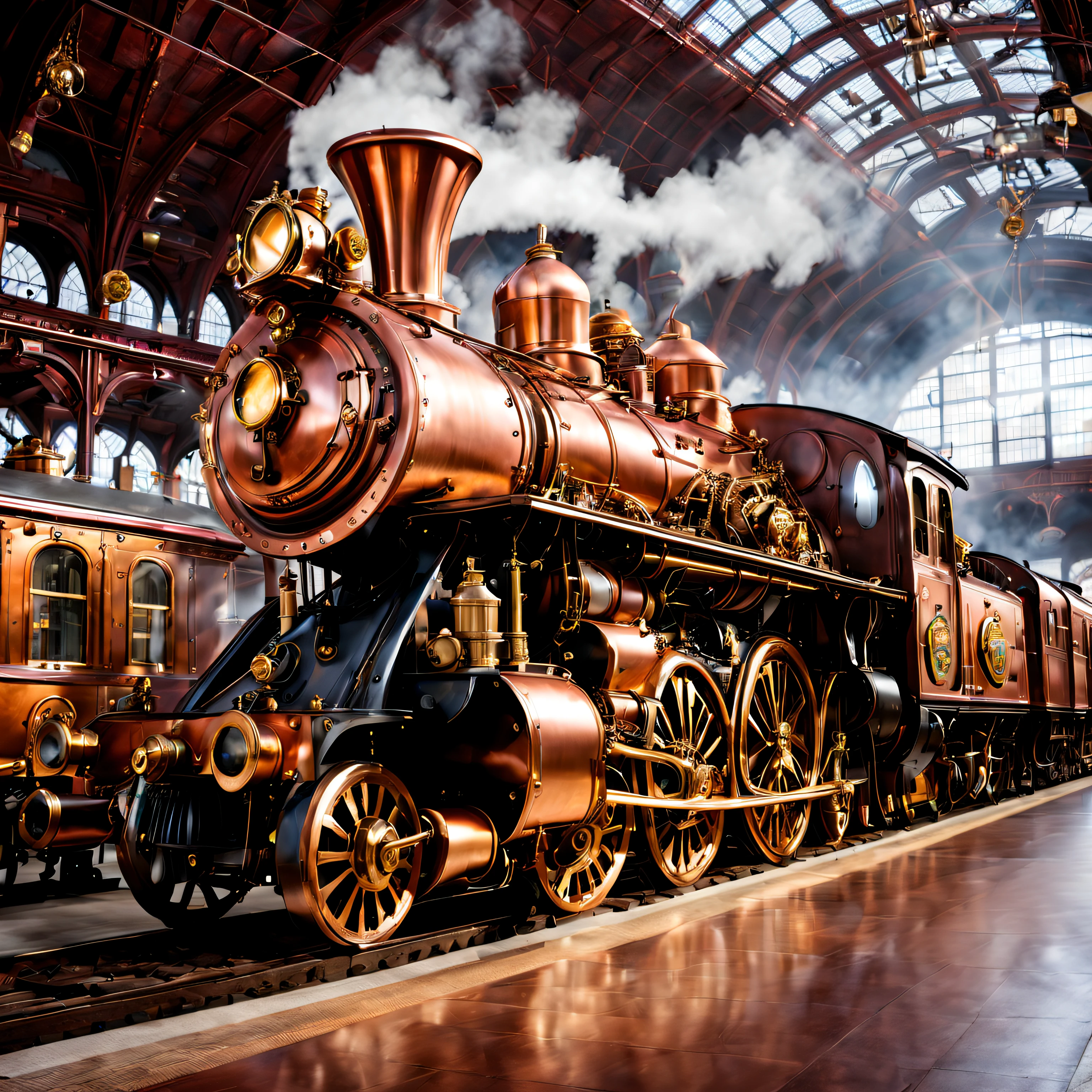 steampunk, Steam-powered copper and brass locomotive sitting in a brightly lit train station.