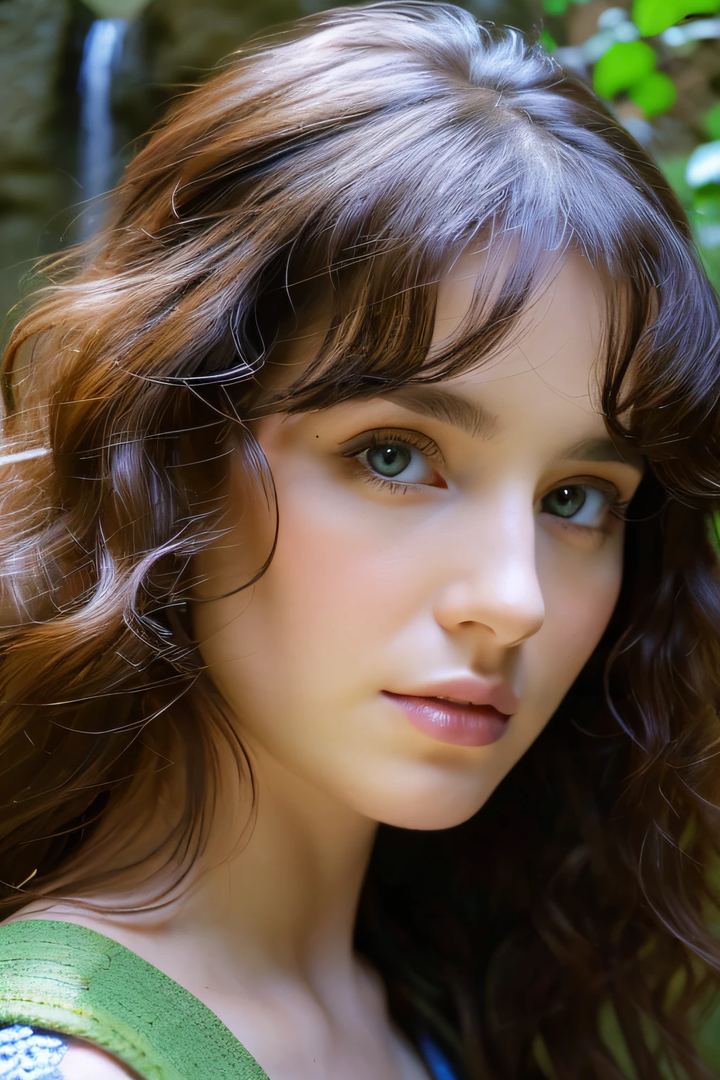 (Close-up of face only), In front of a large waterfall in the forest,25 year old Caucasian girl with dark brown curly hair, ((facial close-up)), Betrayed, In front of a large waterfall in the forest, masterpiece, top-quality, hightquality, hight resolution, (Close-up of face only), blue and yellow off shoulder