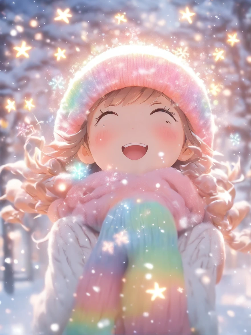 wearing a pink knitted hat,Looking up at the sky,Snowflakes and stars on pink and blue background, Ayako Rokkaku's pastel, Tumbler, holography, light snowing, pastel faded effect, snowy background, light snowing, background is heavenly, Dancing snowflakes, Snowflower, Gentle background, Background pastels, Shining snow, Snowflower, bokeh rainbow accent, snowflakes falling, magical background
