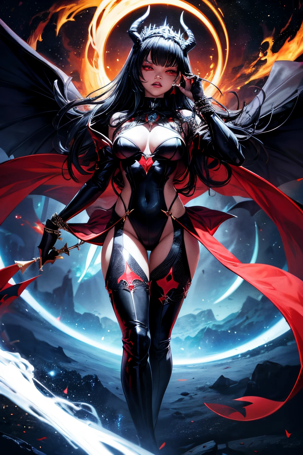 Super detailed Rihanna standing on a star in space, Her demonic and insidious existence is、Her dark crown and black and red radiate from the Evil Queen's dress............................................................................ The devil wings and devil horns on her back are、When she unleashes a powerful wave of destruction with a single gesture、Gives her an aura of invincibility......................................................................................................................................................