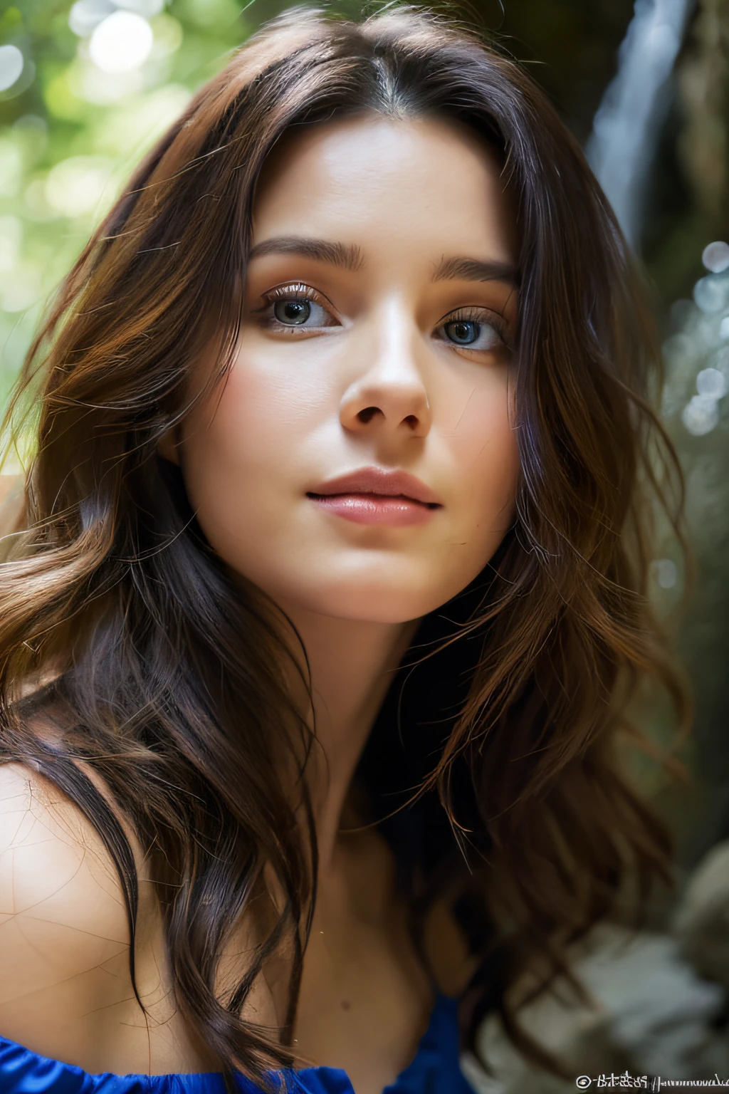 (Close-up of the face only), In front of a large waterfall in the forest,25 year old Caucasian girl with dark brown curly hair, ((facial close-up)), Betrayed, In front of a large waterfall in the forest, masterpiece, top-quality, hightquality, hight resolution, (Close-up of face only), blue and yellow off shoulder