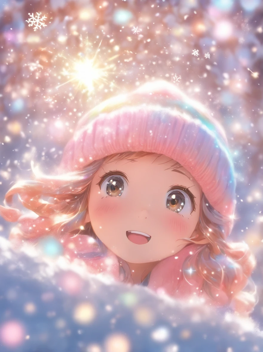 wearing a pink knitted hat，Looking up at the sky，Snowflakes and stars on pink and blue background, Ayako Rokkaku&#39;pastels, Tumbler, holography, light snowing, pastel faded effect, snowy background, light snowing, background is heavenly, Dancing snowflakes, Snowflower, Gentle background, Background pastels, Shining snow, Snowflower, bokeh rainbow accent, snowflakes falling, magical background
