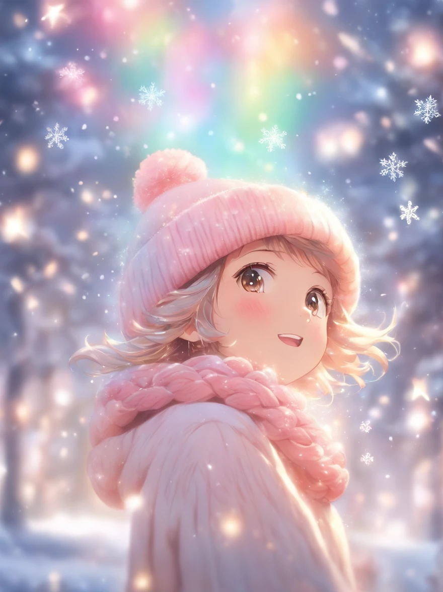wearing a pink knitted hat,Looking up at the sky,Snowflakes and stars on pink and blue background, Ayako Rokkaku'pastels, Tumbler, holography, light snowing, pastel faded effect, snowy background, light snowing, background is heavenly, Dancing snowflakes, Snowflower, Gentle background, Background pastels, Shining snow, Snowflower, bokeh rainbow accent, snowflakes falling, magical background