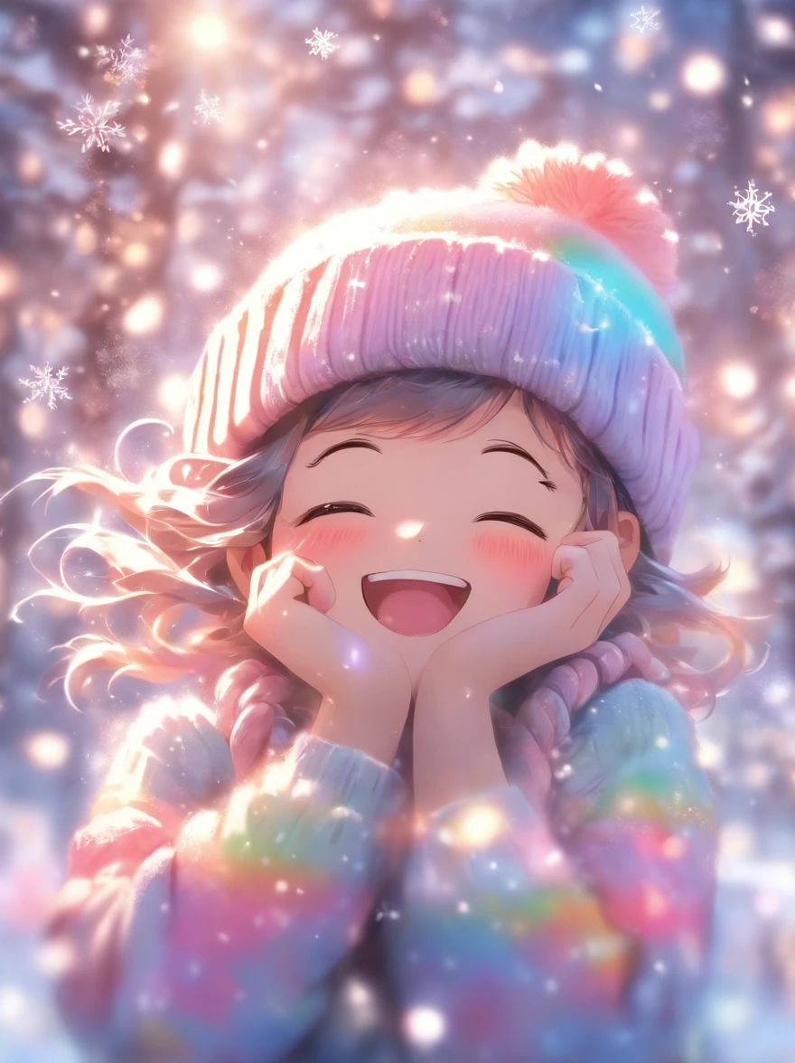 wearing a pink knitted hat,Looking up at the sky,Snowflakes and stars on pink and blue background, Ayako Rokkaku'pastels, Tumbler, holography, light snowing, pastel faded effect, snowy background, light snowing, background is heavenly, Dancing snowflakes, Snowflower, Gentle background, Background pastels, Shining snow, Snowflower, bokeh rainbow accent, snowflakes falling, magical background