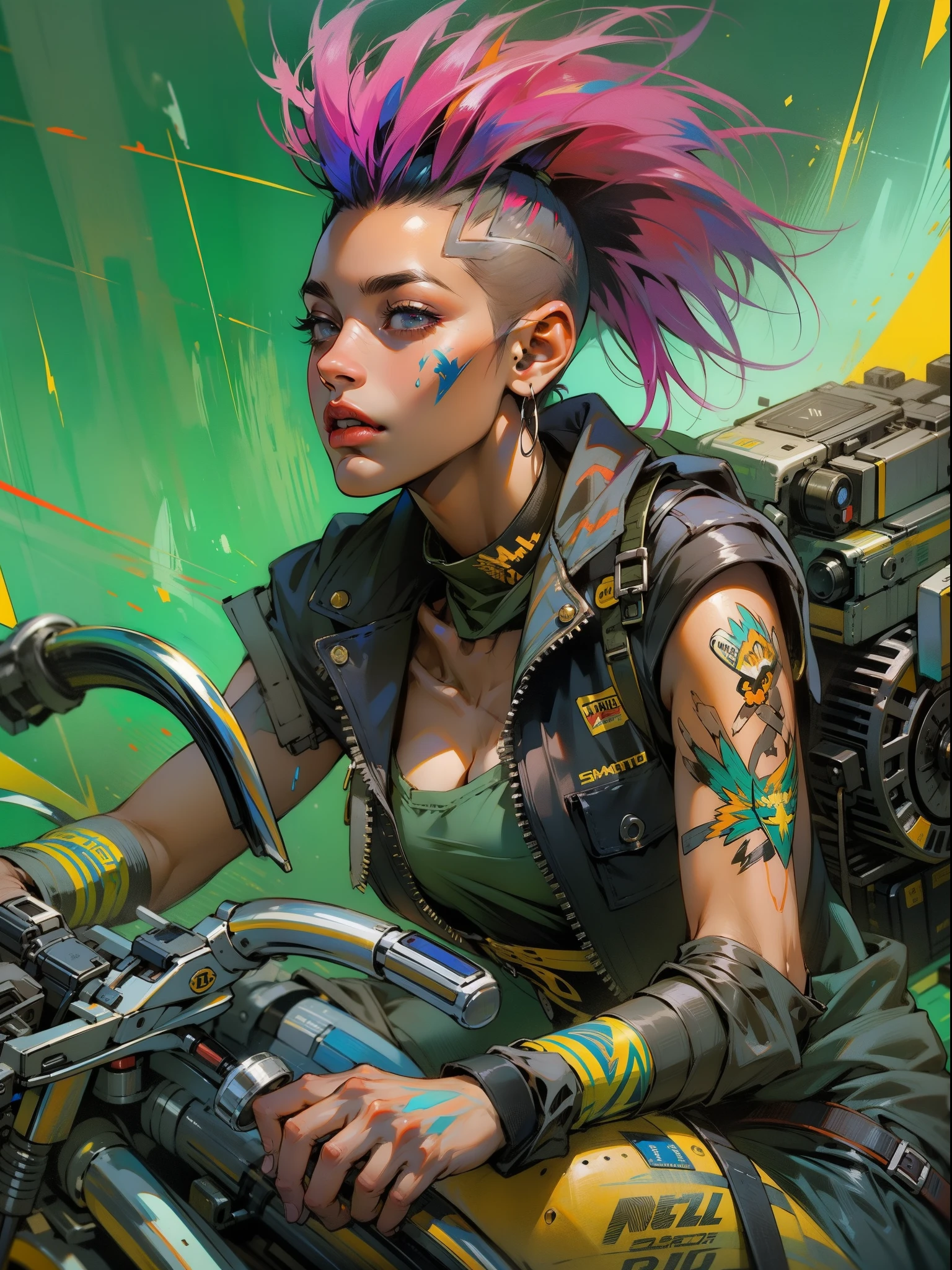 Post-apocalyptic warriors, Close-up of a nearly  35-year-old Simone Beasley-esque woman，Riding a futuristic shabby motorcycle;, Colorful Mohawk Hair, Minimum dress code, Short clothes,