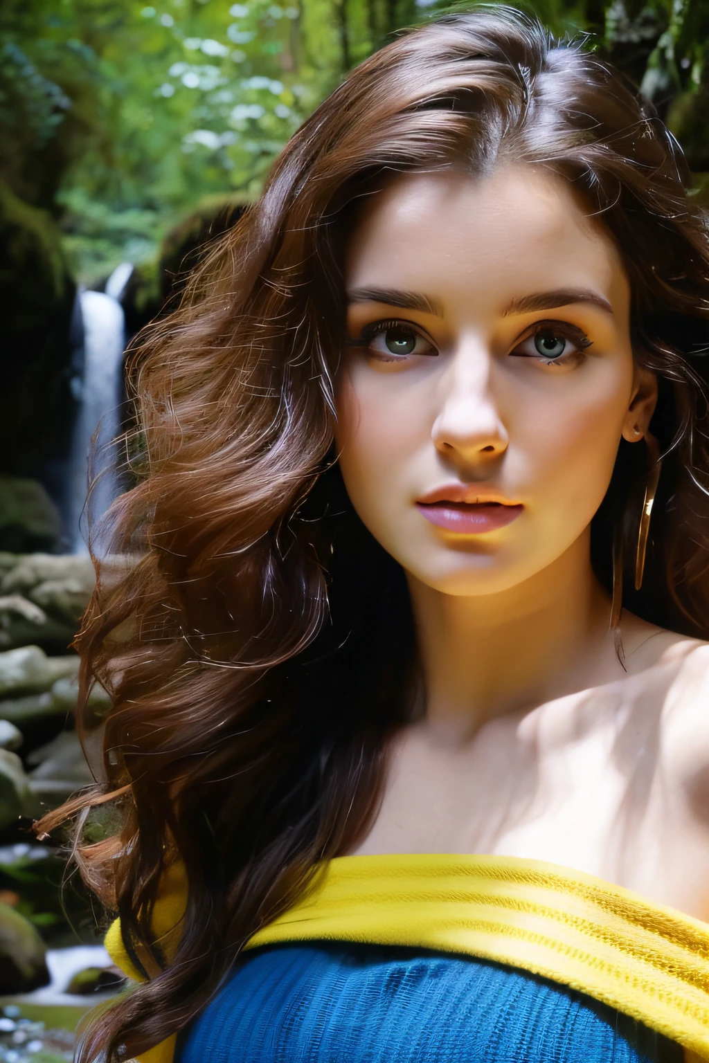 (Close-up of face only), In front of a large waterfall in the forest,25 year old Caucasian girl with dark brown curly hair, ((facial close-up)), Betrayed, In front of a large waterfall in the forest, ​masterpiece, top-quality, hightquality, hight resolution, (Close-up of face only), blue and yellow off shoulder