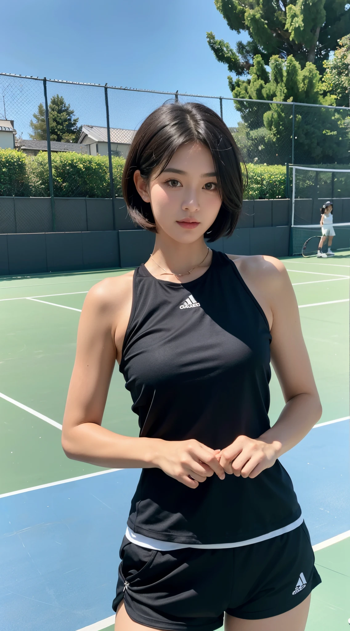 masterpiece, realistic, ultra high quality, beautiful tennis player, japanese, black color tennis outfit, short bob hair , standing, upper body, tennis court, looking viewer, sunny day