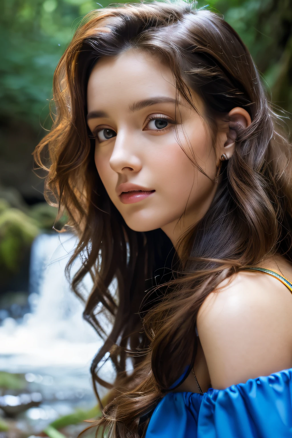 In front of a large waterfall in the forest,25 year old Caucasian girl with dark brown curly hair, ((facial close-up)), Betrayed, In front of a large waterfall in the forest, masterpiece, top-quality, hightquality, hight resolution, (facial close-up), blue and yellow off shoulder
