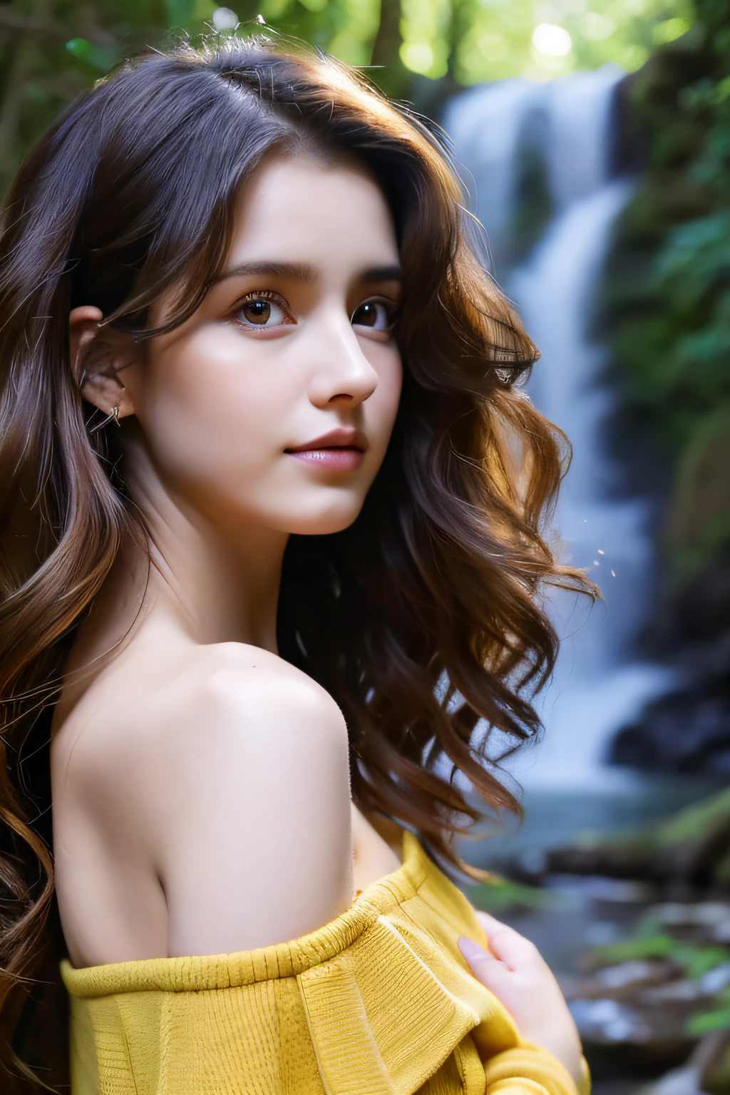 In front of a large waterfall in the forest,25 year old Caucasian girl with dark brown curly hair, ((facial close-up)), Betrayed, In front of a large waterfall in the forest, masterpiece, top-quality, hightquality, hight resolution, (facial close-up), blue and yellow off shoulder