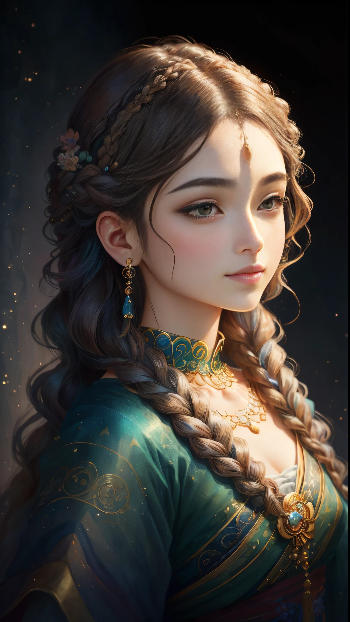 (Best quality at best, 4K, 8K, A high resolution, tmasterpiece:1.2), ultra - detailed, Realistic portraits, 美丽细致的眼睛, beautiful detailed lips, express in detail, Beautiful posture, Fantastical Atmosphere, Dark-toned background, expressive brush strokes, mystical ambiance, Artistic interpretation,Beautiful braids，fine jewelry， Stunning Studio Ghibli style costumes, A whimsical illustration, Subtle colors and tones, Mystic aura,Details upgraded