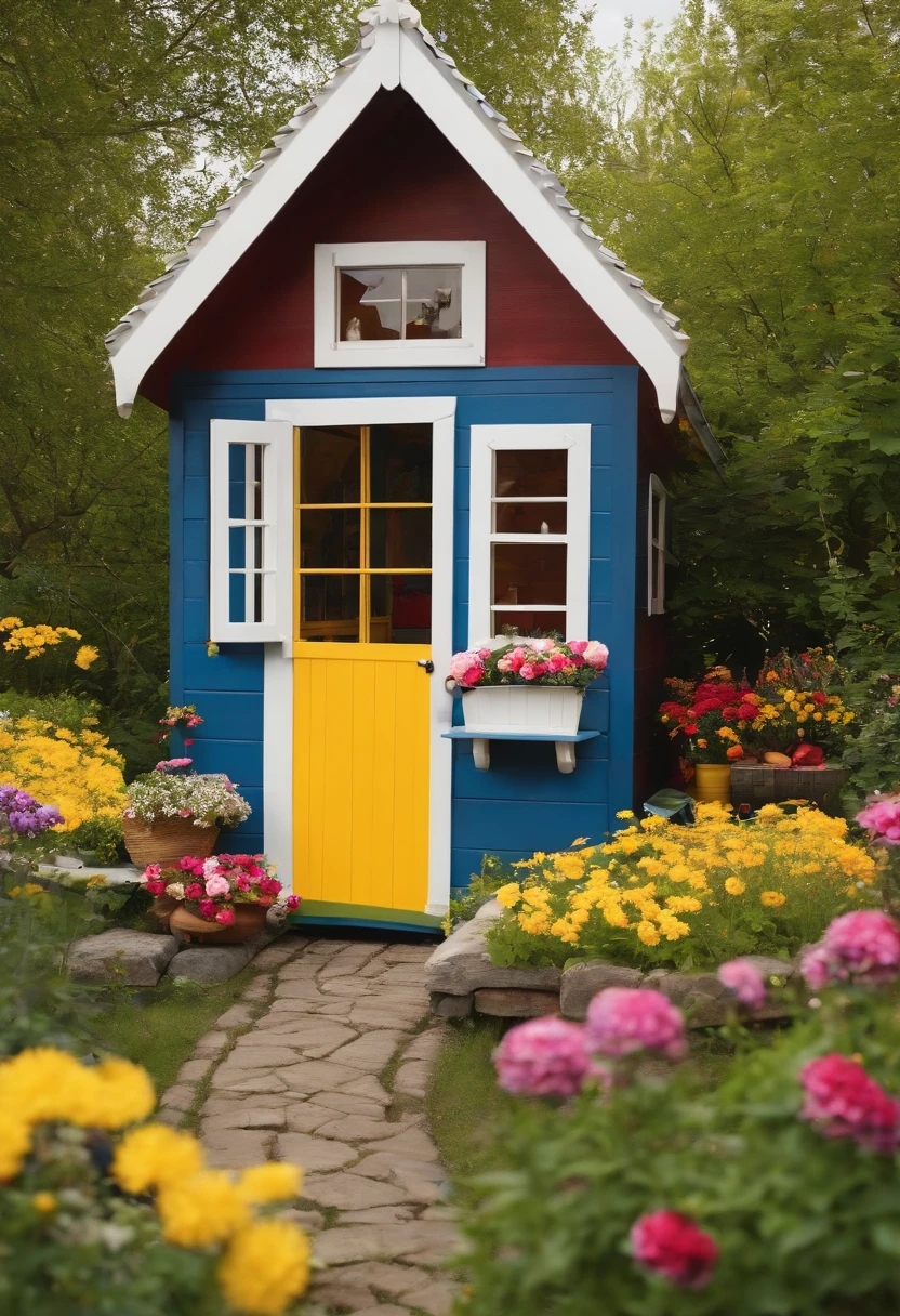 A snapshot of a charming wooden playhouse surrounded by colorful flowers and a small garden.,original,Blue and yellow Swedish warehouse.