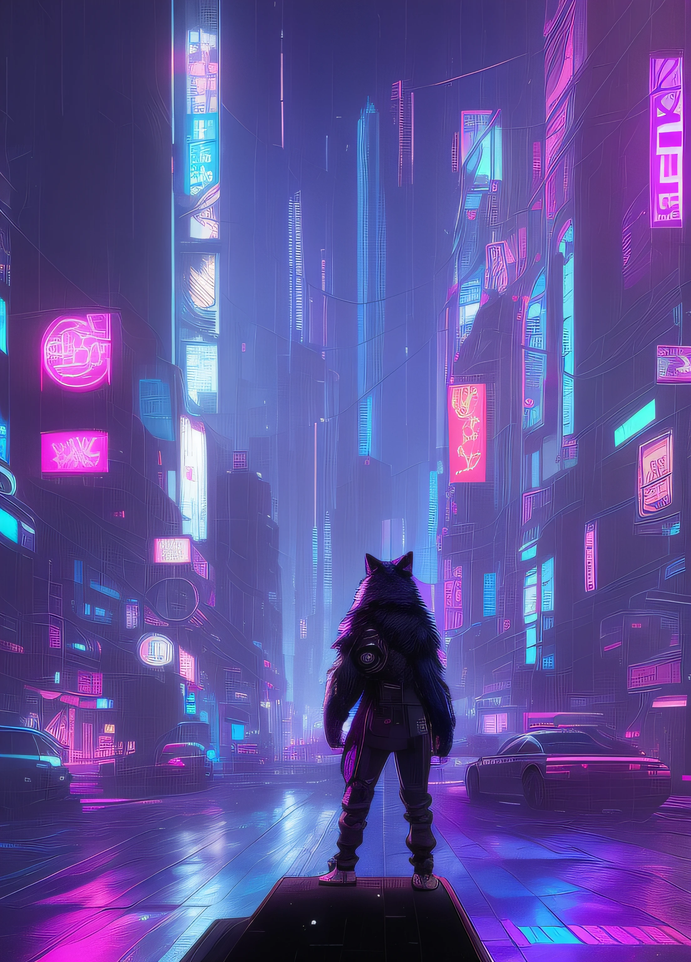 by angiewolf, hioshiru, skulldog, skull face, anthro, male, solo, halp naked, gray fur, black clothing, hoodie, black topwear, lidded eyes, black hoodie, bottomless , NSFW, big long penis,blue tip, huge balls,cyberpunk city background, black fur, white face. looking into distance, blue eyes, back view, fluffy black tail, no teeth