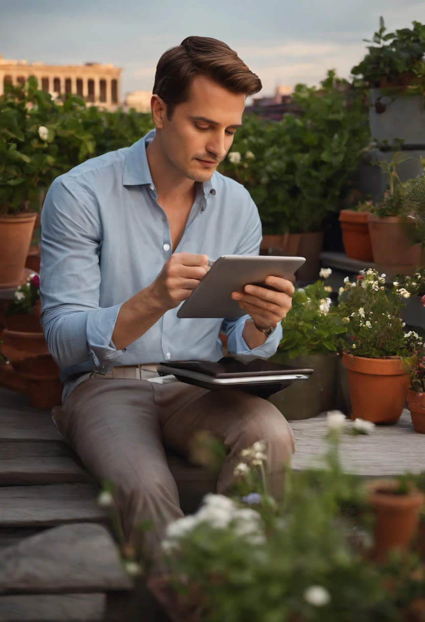 A photo of Spiegel, man, sketching out new ideas on a digital tablet at a cozy rooftop garden,original,Evan Spiegel, white male, short brown hair, cleft chin