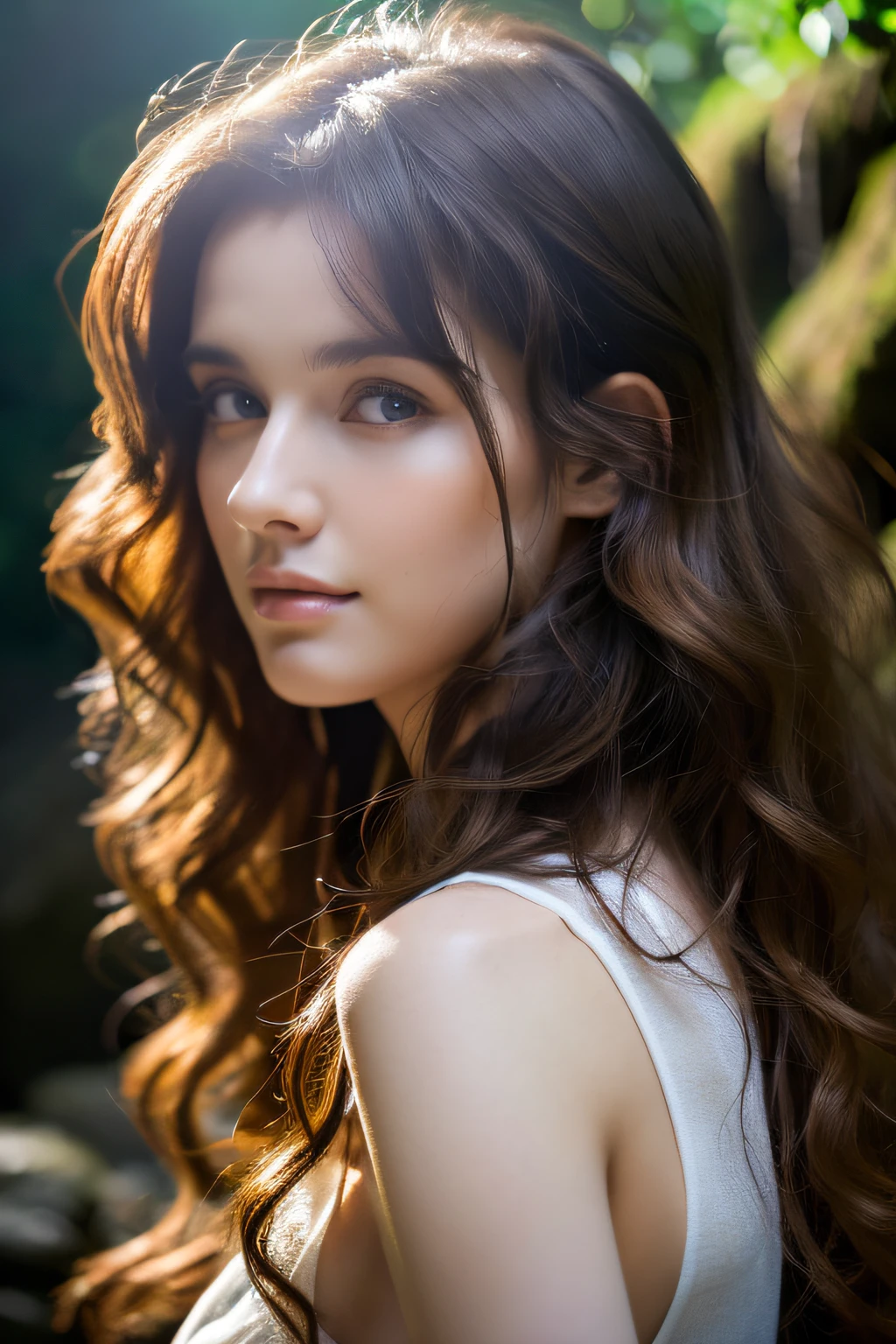 In front of a large waterfall in the forest,25 year old Caucasian girl with dark brown curly hair, (facial close-up), Betrayed, In front of a large waterfall in the forest, masterpiece, top-quality, hightquality, hight resolution, facial close-up