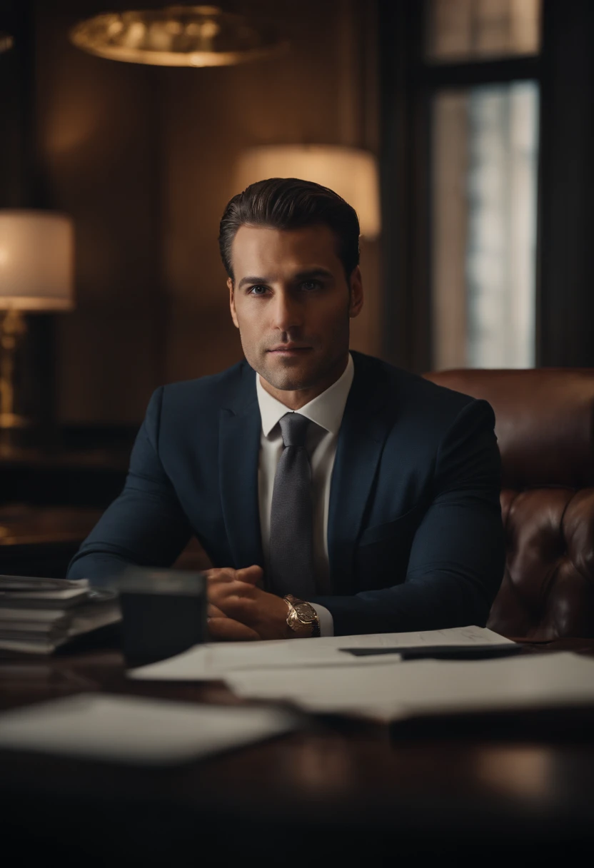 Portrait of New York businessman sitting behind desk in suit This man must be handsome and elegant Images must be 8K、Behind him you need to see New York、Facing the front、Looking at the camera