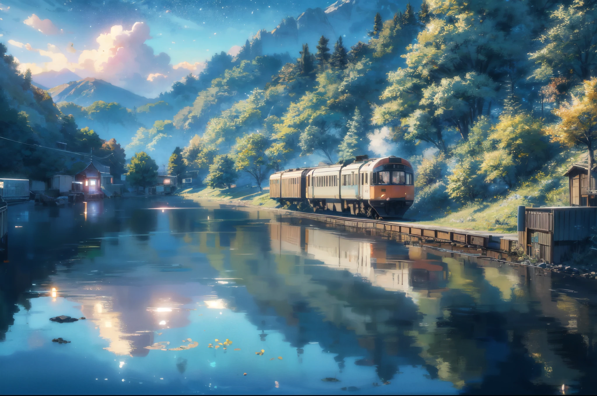 High quality masterpiece, landscape, anime train passing through bodies of water on tracks, bright starry sky. BREAK Romantic train, pixiv, concept art, lofi art style, reflection. by Makoto Shinkai, lofi art, Beautiful anime scene, BREAK Anime landscape, detailed scenery —width 672, in style of Makoto shinkai, style of Makoto shinkai, enhanced details, BREAK,Detailed,Realistic,4k highly detailed digital art,octane render, bioluminescent, BREAK 8K resolution concept art, realism,by Mappa studios,masterpiece,best quality,official art,illustration,ligne claire,(cool_color),perfect composition,absurdres, fantasy,focused,rule of thirds