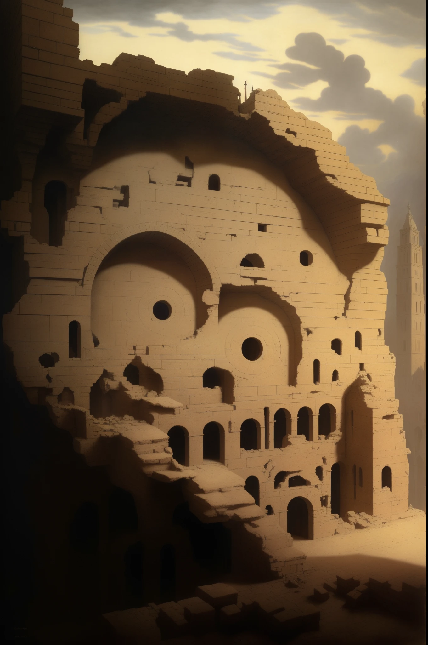 There is a photo of a face made of bricks, surrealistic roman architecture, Vereshchagin, carl gustav carus, Zdzisław Beksinski and Canaletto, by Artur Tarnowski, by Friedrich Gauermann, Carl Friedrich, dramatic artwork, crumbling ancient skyscraper, Written by Jan Muller