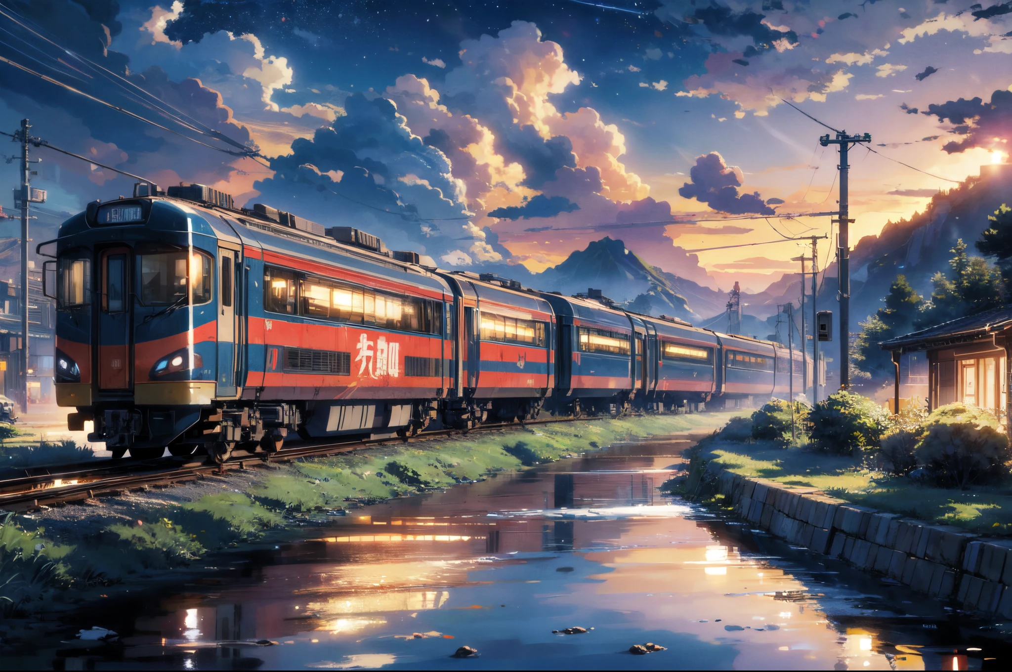 High quality masterpiece, landscape, anime train passing through bodies of water on tracks, bright starry sky. BREAK Romantic train, pixiv, concept art, lofi art style, reflection. by Makoto Shinkai, lofi art, Beautiful anime scene, BREAK Anime landscape, detailed scenery —width 672, in style of Makoto shinkai, style of Makoto shinkai, enhanced details, BREAK,Detailed,Realistic,4k highly detailed digital art,octane render, bioluminescent, BREAK 8K resolution concept art, realism,by Mappa studios,masterpiece,best quality,official art,illustration,ligne claire,(cool_color),perfect composition,absurdres, fantasy,focused,rule of thirds