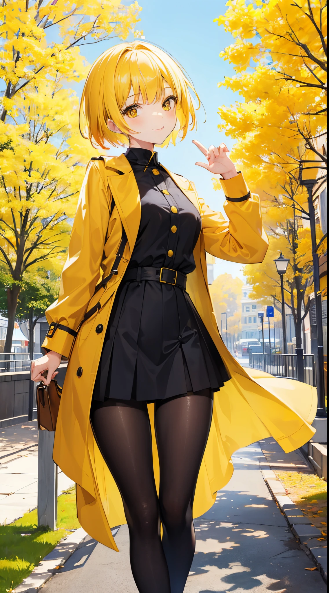 ((masterpiece)), (vibrant color), cute girl, (best quality), (ultra detailed), (sharp focus), (depth of field), (cinematic lighting), yellow hair, short hair, yellow eyes, smile,brown wear,trench coat, looking back, standing, ginkgo trees, sunny, clear sky,