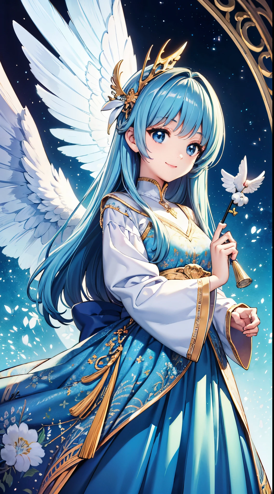 Angel wings shining white, blue and white、Kawaii Girl、adorable smiling、Light blue long hair、Twin-tailed、Colorful angel costume、Fantastic background、((top-quality))、((masterpiece))、(ighly detailed、highestdetailed、Official art、Beautifully Aesthetic:1.2)