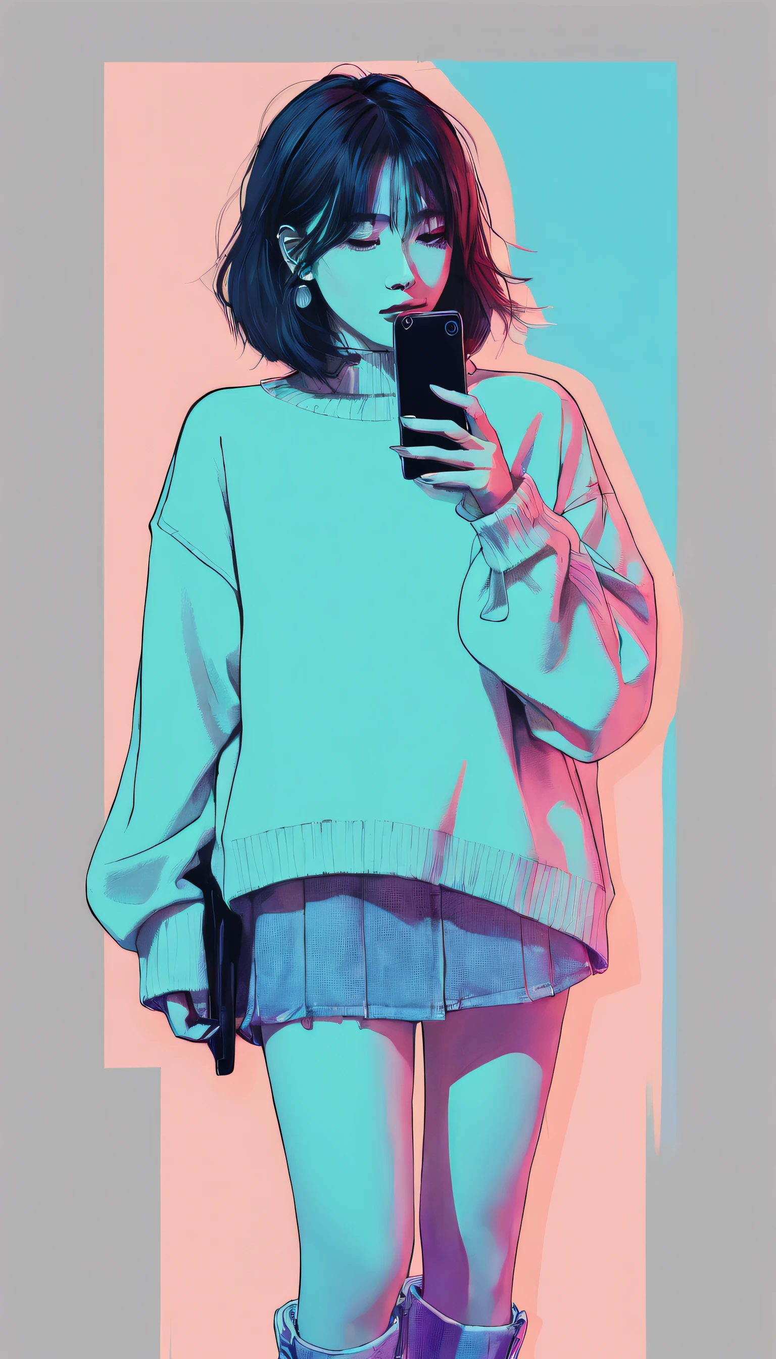 Remixing, Japanese woman silhouette , neon light background, oversized sweater style, Full body lesbian, holding cell phone, Side view,Original hand-drawn style, Remixing_Carter Carter, dfd,