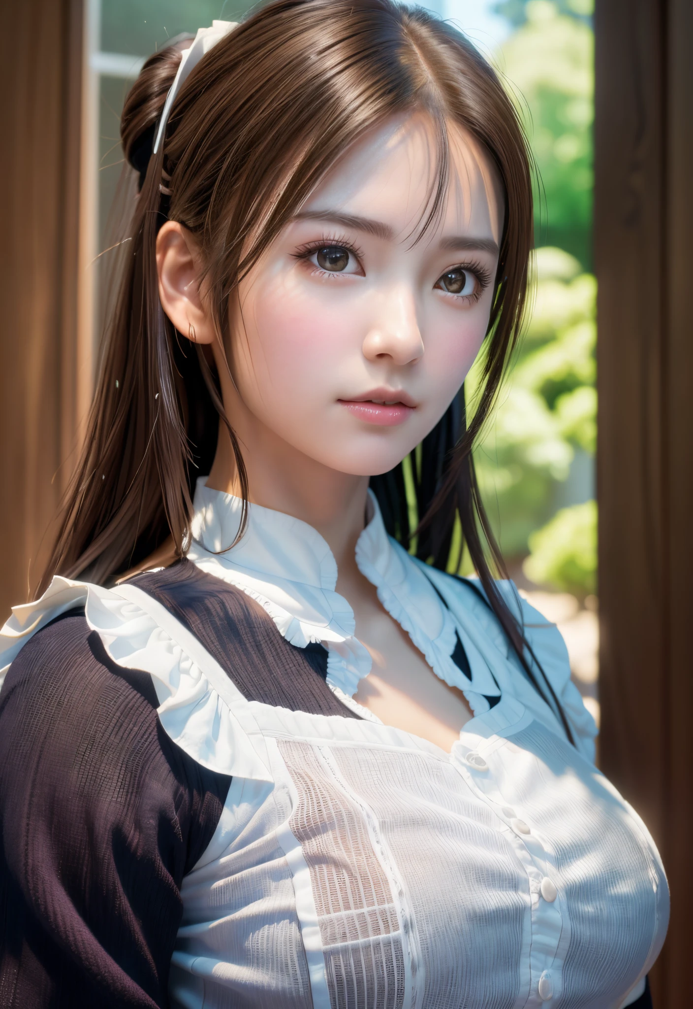 8K, of the highest quality, masutepiece:1.2), (Realistic, Photorealsitic:1.37), of the highest quality, masutepiece, Beautiful young woman, A pensive expression, a suspicious and inviting expression, Cute Maid Clothes, Hair tied back, Cinematic background, Light skin tone