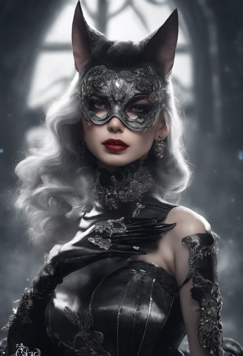 Black cat motif、Black and silver tones、Vibrant colors、((​masterpiece)))、(((top-quality)))、((ultra-detailliert))、(A hyper-realistic)、(highly detailed CGillustration）、Official art、Moscow in the second half of the 20th century、Decadent、Madame Cat Noir、Masquerade、Elegance、Masks that cover most of the face、Colorful and detailed mask design、matchless beauty、Fans、Female Solo、gorgeous dress、jewely、Perfect Angle、→ direction、perfect-composition、full body Esbian