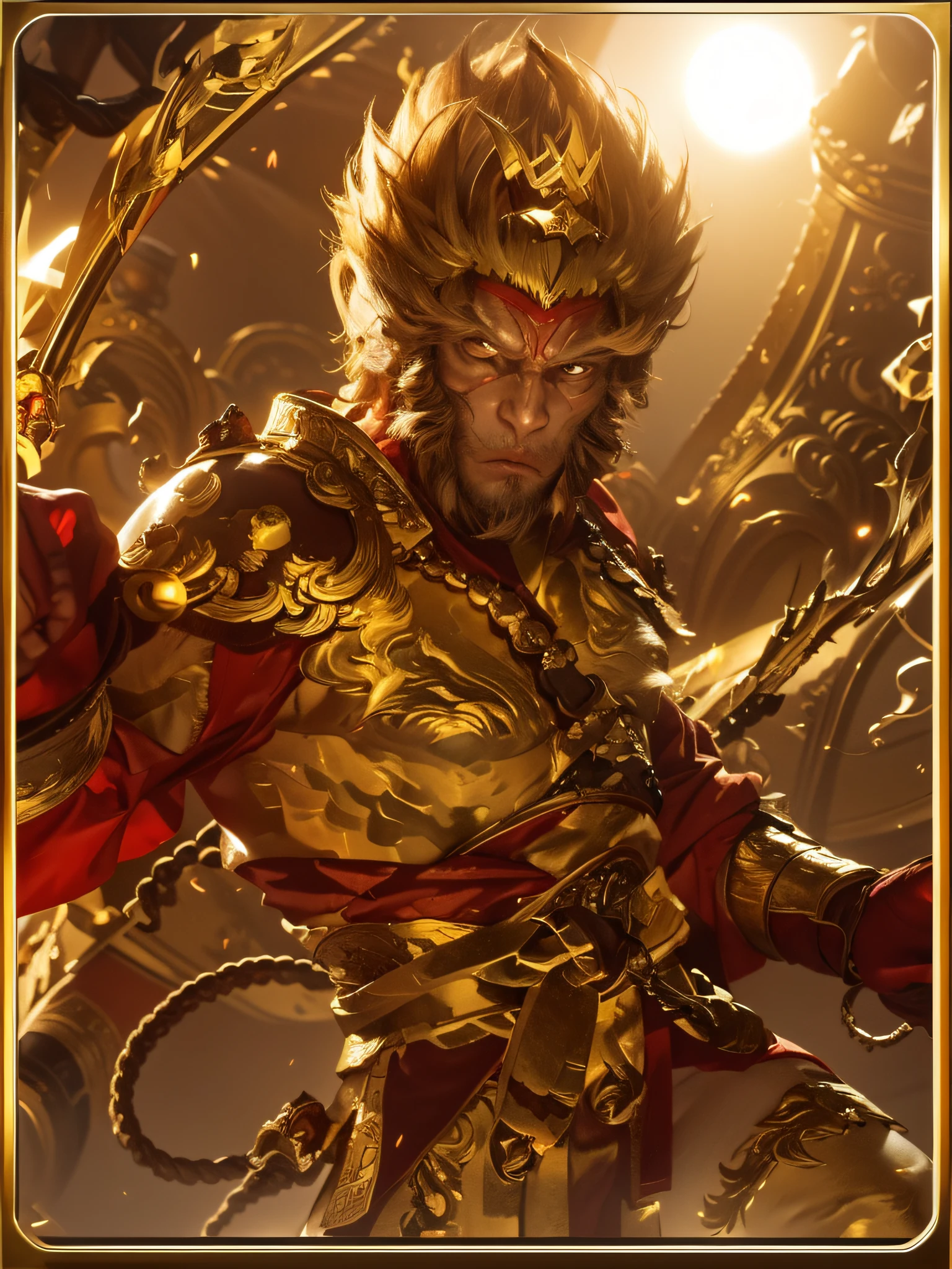 4k Resolution,Cute Wukong, (Monkey King),Hero,(High Detailed face(Purple Face,slim lips ,realistic),(High Detailed eyes(Golden eyeshadow,),Golden Monkey Long Hairs,)He wears Military Royal Metal Full Monkey King Suits, Journey to the West,UHD Ultra details,Magic Power,(Fire Dragon HD background,(Chinese Dragon, Realistic Yellow Skin like Demon Snake,High Detailed eye,High Detailed body made with iron metal,)
