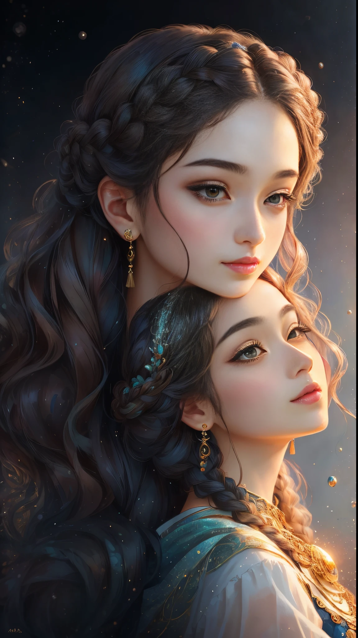 (Best quality at best, 4K, 8K, A high resolution, tmasterpiece:1.2), ultra - detailed, Realistic portraits, 美丽细致的眼睛, beautiful detailed lips, express in detail, Beautiful posture, Fantastical Atmosphere, Dark-toned background, expressive brush strokes, mystical ambiance, Artistic interpretation,Beautiful braids，fine jewelry， Stunning Studio Ghibli style costumes, A whimsical illustration, Subtle colors and tones, Mystic aura,Details upgraded